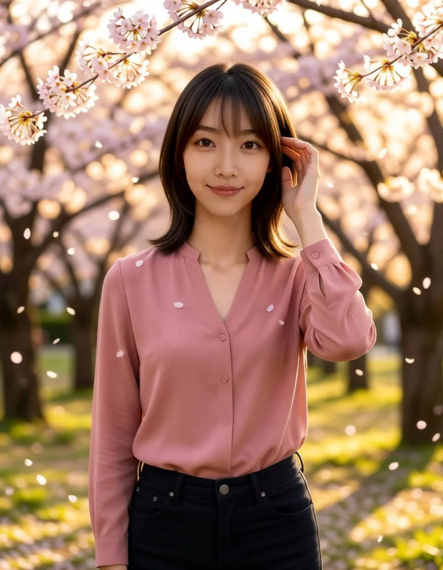 桜並木でピンクのブラウスを着た合成モデルの生成プロフィール写真