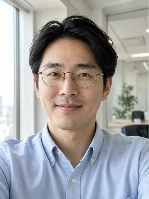 30 代男性の自撮りと生成後のプロフィール写真 (加工前)