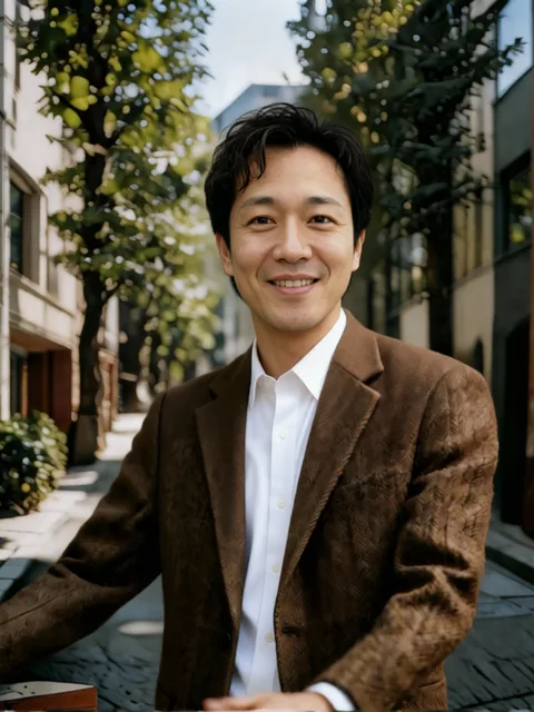 40 代男性の自撮りと生成後のプロフィール写真 (加工後)