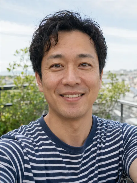 40 代男性の自撮りと生成後のプロフィール写真 (加工前)