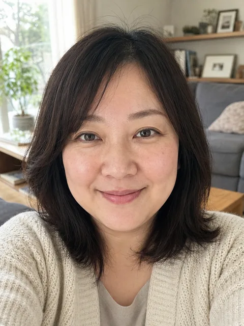 40 代女性の自撮りと生成後のプロフィール写真 (加工前)