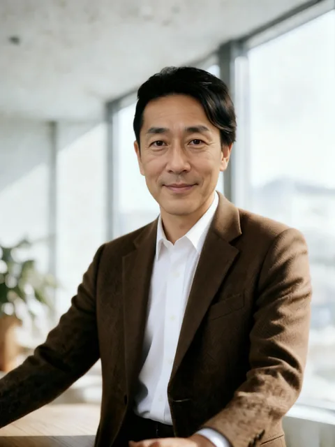 50 代男性の自撮りと生成後のプロフィール写真 (加工後)