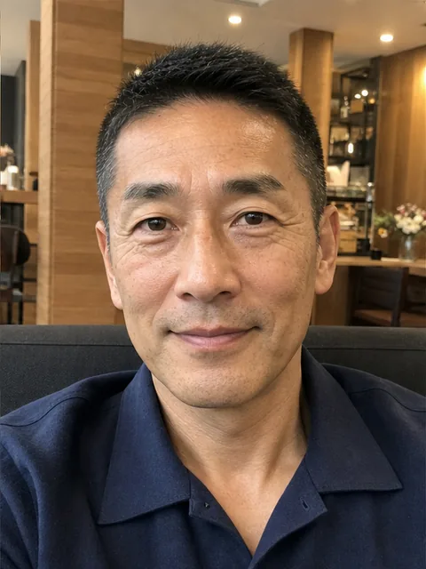 50 代男性の自撮りと生成後のプロフィール写真 (加工前)