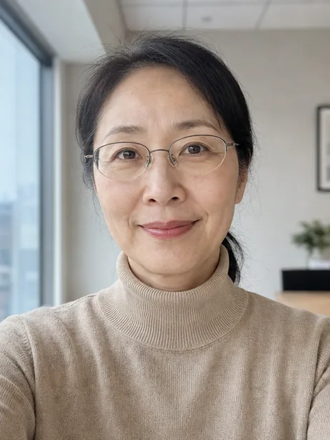 50 代女性の自撮りと生成後のプロフィール写真 (加工前)